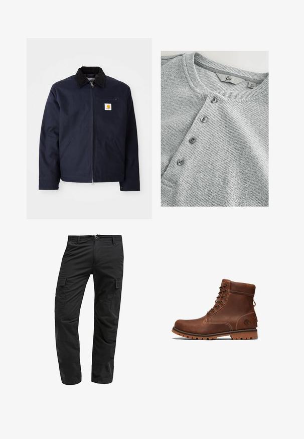 Chaqueta azul marino de lona con cuello de pana negro, cierre de cremallera, bolsillo frontal y parche del logo en el lado izquierdo del pecho.; Camisa de punto gris de manga larga con cuello redondo, tapeta de cinco botones, textura acanalada y un diseño ajustado. La etiqueta indica talla M.; Pantalones cargo negros con corte recto, fabricados en tejido duradero, con múltiples bolsillos laterales y un cierre de botón en la cintura.; Botín de cuero marrón hasta el tobillo con diseño de cordones, cuello acolchado, costuras en contraste y suela de goma con un patrón de textura.