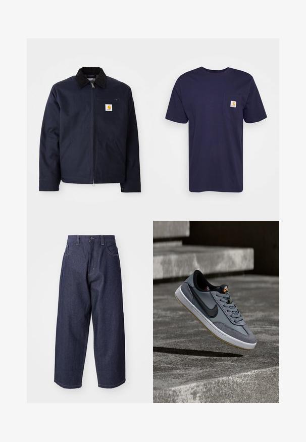 Marineblaue Jacke aus Segeltuch mit schwarzem Cordkragen, Reißverschluss, Fronttasche und Logopatch auf der linken Brust.; Navyblaue Baumwoll-T-Shirt mit kurzen Ärmeln, Rundhalsausschnitt und einer linken Brusttasche, die ein gelbes und weißes Carhartt-Logo aufgestickt hat.; Dunkelblaue Denim-Jeans mit einem lockeren, weiten Schnitt. Zu den Merkmalen gehören ein Knopfverschluss, Fronttaschen und sichtbare Nähte.; Grauer Nike-Sneaker aus Leder und Wildleder, mit schwarzem Swoosh, weißer Zwischensohle und strukturiertem Gummi-Laufsohle mit Gummi-Akzenten.