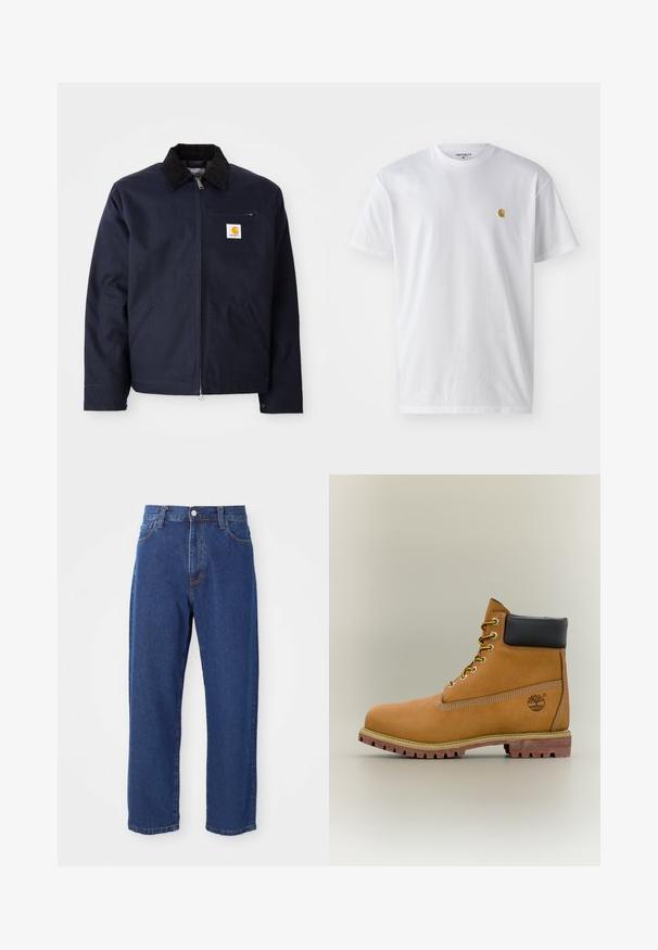 Chaqueta azul marino de lona con cuello de pana negro, cierre de cremallera, bolsillo frontal y parche del logo en el lado izquierdo del pecho.; Camiseta de algodón blanca con mangas cortas, cuello redondo, que presenta un pequeño logo dorado en la parte izquierda del pecho. Textura suave y corte regular.; Vaqueros de tiro alto de algodón, con una silueta de pierna recta, costuras visibles y un cierre de botón en la parte delantera.; Bota de tobillo de cuero marrón con cuello negro, cordones amarillos y suela beige. Presenta un logotipo y detalles de costura blanca. Suela exterior con tracción robusta.