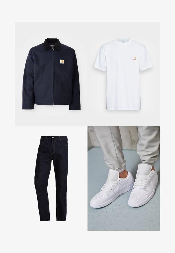 Marineblå jakke lavet af canvas med en sort velourkrave, lynlåslukning, frontlomme og logo-lap på venstre bryst.; Hvid bomulds t-shirt med korte ærmer. Designet med et lille orange og maroon logo på venstre bryst. Har en klassisk rund hals.; Mørkeblå denim jeans med lige pasform, med gul syning, fem lommer og en klassisk knap- og lynlås lukning.; Hvide lædersneakers har en perforeret tåboks, flade snørebånd, polstret krave og Jordan-logoet på tungen. Båret med grå joggers.