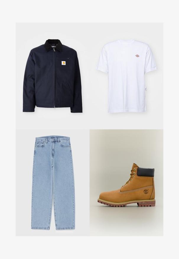 Marineblauwe jas van canvas met een zwart corduroy kraag, ritsluiting, een voorzak en een logo-opdruk op de linkerborst.; Witte katoenen t-shirt met een v-hals en korte mouwen. Kenmerkt zich door een klein kleurrijk geborduurd logo op de linkerkant van de borst. Zachte textuur.; Lichtblauwe denim jeans met een recht model, voorzien van een middelhoge taille, vijf zakken en een knoop- en ritssluiting.; Bruine leren enkellaars met zwarte kraag, gele veters en een zandkleurige zool. Voorzien van een logo en witte stikseldetails. Robuuste loopzool met grip.