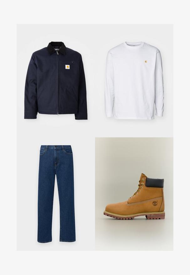 Marineblå jakke lavet af canvas med en sort velourkrave, lynlåslukning, frontlomme og logo-lap på venstre bryst.; Hvid langærmet t-shirt lavet af bomuld. Har et lille gyldent logo på brystet og en rund halsudskæring. Enkel design og standard pasform.; Mørkeblå straight-leg denim jeans med forhåndslommer og knaplukning, vist på en ensfarvet hvid baggrund.; Brun læderankelstøvle med sort krave, gule snørebånd og tanfarvet sål. Har logo og hvide syninger som detalje. Robust ydersål med greb.