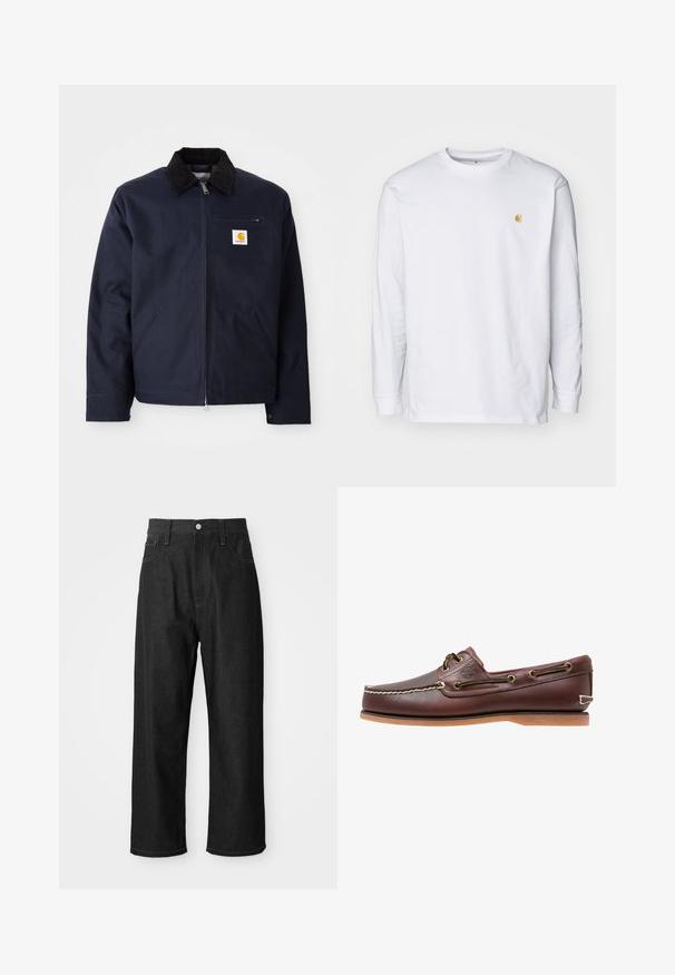 Marineblauwe jas van canvas met een zwart corduroy kraag, ritsluiting, een voorzak en een logo-opdruk op de linkerborst.; Witte lange mouwen t-shirt van katoen. Voorzien van een klein gouden logo op de borst en een ronde hals. Eenvoudig ontwerp en standaard pasvorm.; Zwarte denim broek met een relaxte pasvorm, hoge taille, ritssluiting en vijf-pocket ontwerp. Duidelijke stiksels als accent door het hele ontwerp.; Bruine leren bootschoen met witte stiksels, veterdetails en beige rubberen zool, zijaanzicht op een witte achtergrond.