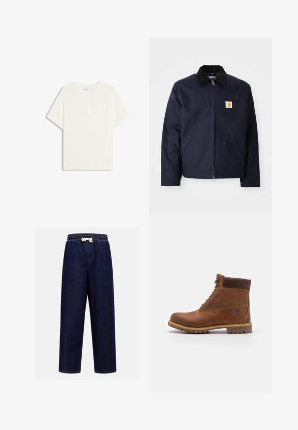 Marineblaue Jacke aus Segeltuch mit schwarzem Cordkragen, Reißverschluss, Fronttasche und Logopatch auf der linken Brust.; Kurzärmeliges, geripptes Strickshirt mit rundem Ausschnitt und Drei-Knopf-Leiste, flach auf weißem Hintergrund liegend.; Dunkelblaue Denim-Jogginghose mit elastischem Bund, Kordelzugverschluss und Seitentaschen, ausgestattet mit Kontrastnähten.; Braune Lederwanderschuhe mit glatter Oberfläche, gepolstertem Knöchel, Metallösen und einer Gummisohle mit robustem Profil.