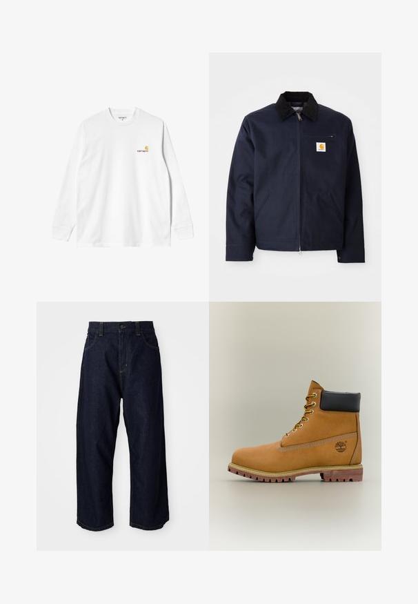 Chaqueta azul marino de lona con cuello de pana negro, cierre de cremallera, bolsillo frontal y parche del logo en el lado izquierdo del pecho.; Camiseta blanca de algodón de manga larga con cuello redondo, que presenta un pequeño logo amarillo y burdeos en el lado izquierdo del pecho. Puños y dobladillo sin costuras.; Pantalones de mezclilla azul oscuro con un corte relajado, que cuentan con una cremallera de botón, trabillas para cinturón y costuras y bolsillos con pespuntes amarillos.; Bota de tobillo de cuero marrón con cuello negro, cordones amarillos y suela beige. Presenta un logotipo y detalles de costura blanca. Suela exterior con tracción robusta.