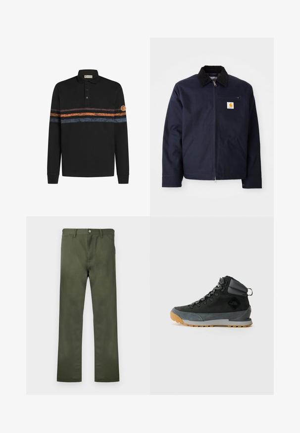 Marineblauwe jas van canvas met een zwart corduroy kraag, ritsluiting, een voorzak en een logo-opdruk op de linkerborst.; Zwarte polo met lange mouwen, gekenmerkt door een textuur met horizontale strepen in oranje en blauw, met een logopatch op de linker mouw.; Olijfgroene broek gemaakt van duurzaam stof, met een rechte pijp, steekzakken aan de voorkant en een knoopsluiting. Gladde textuur.; Zwarte hoge wandelboots gemaakt van gestructureerd suede en synthetische materialen, met grijze accenten, een robuuste rubberen zool en grijze veters.