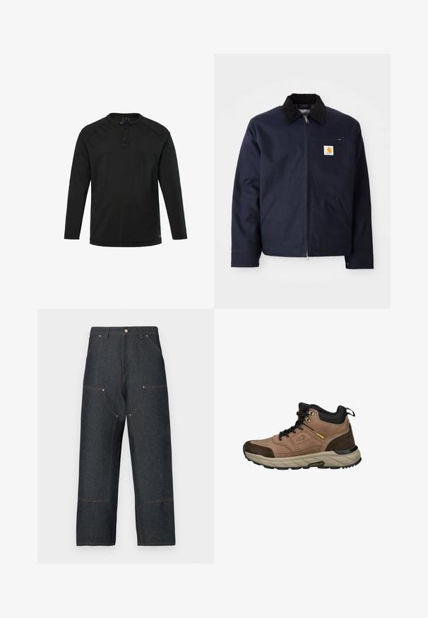 Marineblauwe jas van canvas met een zwart corduroy kraag, ritsluiting, een voorzak en een logo-opdruk op de linkerborst.; Zwarte lange mouw Henley-shirt met drie knopen en een ronde hals, eenvoudig design en rechte zoom.; Donkerblauwe spijkerbroek met een brede pijp, voorzien van contrasterende oranje stiksels, voorzakken en een klassieke knoopsluiting.; Bruine wandelschoen van leer en suede, met een verstelbare kraag, zwarte veters en een gestructureerde rubberen zool voor grip.