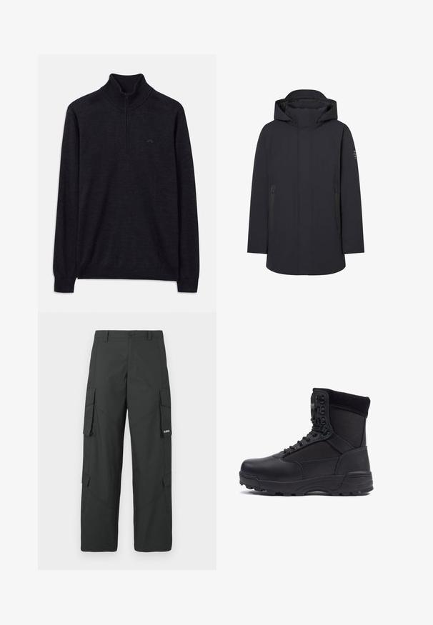 Parka impermeable negra con cuello alto, capucha y bolsillos con cremallera. Textura lisa y mate, diseño minimalista. Presenta líneas limpias.; Suéter negro de manga larga con cuello alto acanalado y media cremallera, con un logo sutil en el lado izquierdo del pecho.; Pantalones cargo rectos negros con bolsillos laterales con solapa, cierre de botón, trabillas para cinturón y pequeño logo blanco en la solapa del bolsillo derecho.; Bota táctica negra con parte superior de piel lisa y paneles de tela, diseño de tobillo alto, cierre con cordones y suela de goma resistente.
