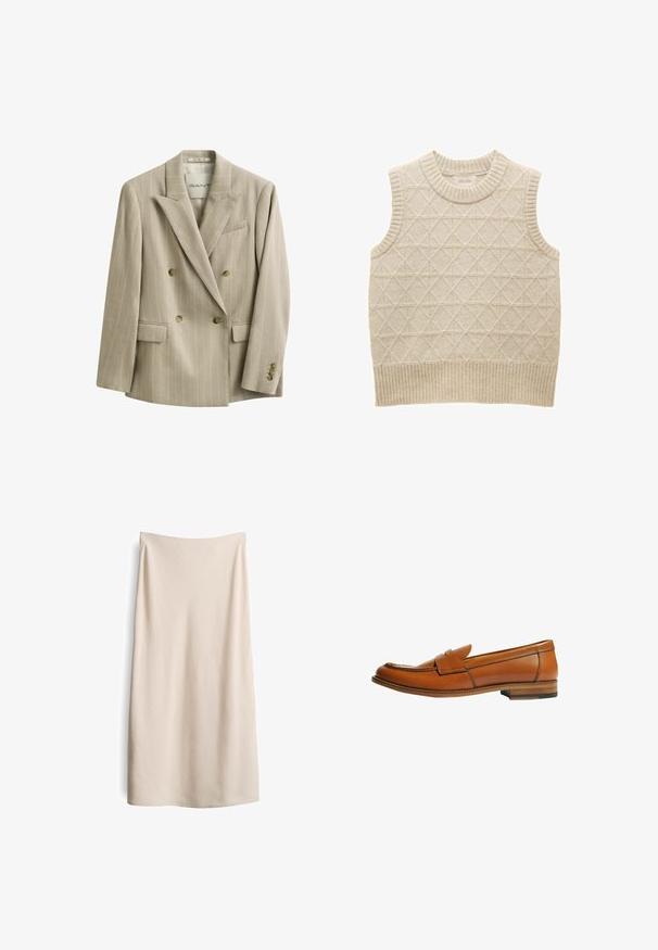 Beiger, zweireihiger Nadelstreifen-Blazer mit Notch-Revers, vier Knöpfen vorne, Klappentaschen und einer Brusttasche, mit dem Label GANT.; Beiger, gestrickter ärmelloser Pullover mit Rautenmuster, geripptem Kragen und Saum, aus weichem Material für Komfort. Markenetikett innen sichtbar.; Beige, knielanger Rock mit glatter Textur und geradem Schnitt. Keine sichtbaren Nähte oder Verschlüsse, mit einem klaren, minimalistischen Design.; Brauner Leder-Loafer mit flachem Absatz, rundem Zehenbereich und dekorativem Riemen über dem Vorderblatt. Glatte Textur mit kontrastierenden Steppnähten.