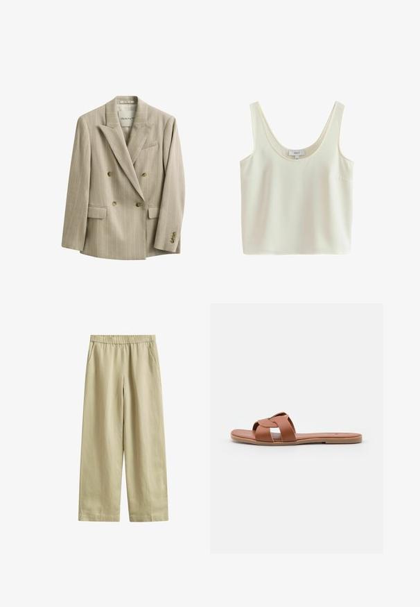Blazer beige de raya diplomática de doble botonadura con solapas con muesca, cuatro botones delanteros, bolsillos con solapa y un bolsillo en el pecho, etiquetado GANT.; Top corto sin mangas de color crema con tirantes anchos y escote redondo, hecho de tela suave.; Pantalones beige de pierna ancha con cintura elástica y bolsillos laterales, hechos de tela ligera.; Sandalias planas marrones hechas de cuero suave con un diseño de tiras cruzadas, que cuentan con una suela plana y un estilo minimalista.