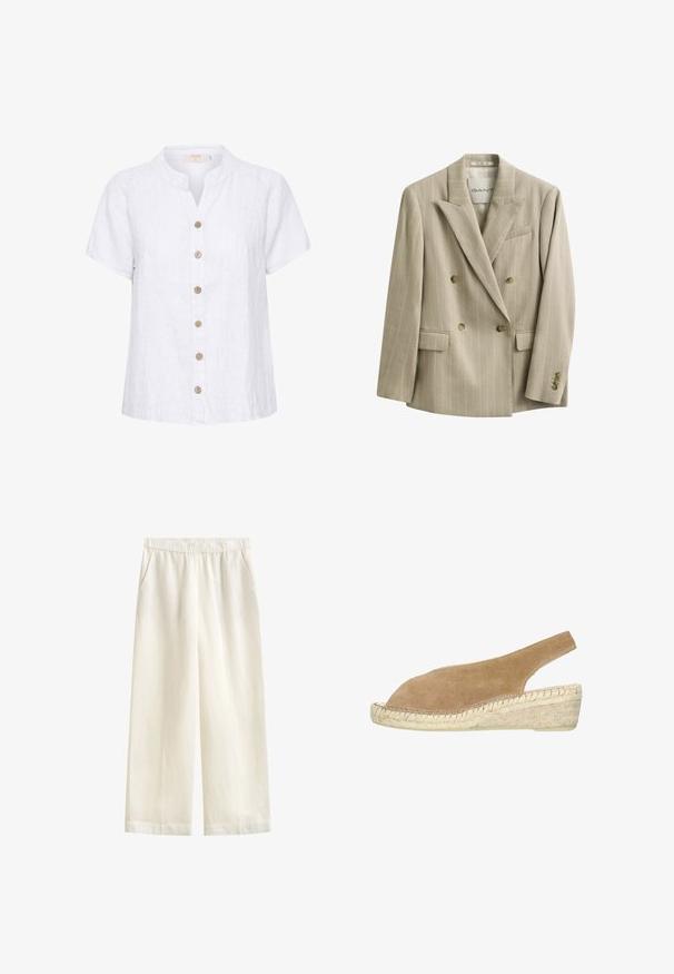 Beige dubbelgeknoopt pinstripe colbert met inkepingrevers, vier knopen aan de voorkant, klepzakken en een borstzak, met het label GANT.; Witte linnen shirt met een korte, ronde kraag, voorzien van een knoopsluiting met houten knopen en verticale stikdetails.; GANT BLEND PULL ON PANTS - Broek - eggshell; Bruine suède sleehaksandaal met gevlochten jute platformzool en open teen, zijaanzicht op witte achtergrond.