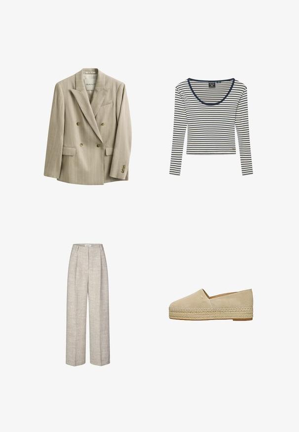 Beige dobbeltradet blazer med nålestriber, hakket revers, fire forreste knapper, klaplommer og en brystlomme, mærket GANT.; Hvid langærmet skjorte med smalle marineblå vandrette striber og marineblå kant rundt om rund halsudskæring, med lille guldlogo nær kanten.; Lys grå højtaljede bukser med et tekstureret stof, brede ben og to frontfoldninger. Har en lukning med frontknap og bæltesløjfer.; Beige ruskind slip-on espadrille med flettet jutesål og lille metalisk logo på oversiden.