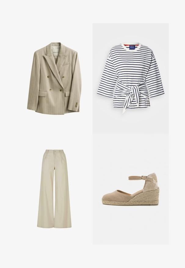 Beige dobbeltradet blazer med nålestriber, hakket revers, fire forreste knapper, klaplommer og en brystlomme, mærket GANT.; Stribet, let skjorte i hvid og navy med trekvartærmer og detalje med knyttet talje. Cotton stof med rund hals.; Beige bukser med vide ben og høj talje, plisseringer foran, bæltestropper og lukning med knap.; Beige espadrille kilehæle sko med en stofoverdel, ankelrem og vævet jute-sål. Hælen har et tekstureret accentpanel.