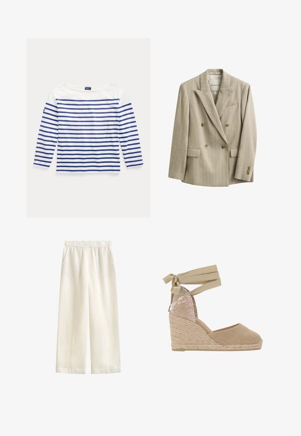 Beige dobbeltradet blazer med nålestriber, hakket revers, fire forreste knapper, klaplommer og en brystlomme, mærket GANT.; Langærmet top i hvid bomuld med vandrette blå striber. Har en bådudskæring og et lille logo-mærke på venstre ærme.; GANT BLEND PULL ON PANTS - Bukser - eggshell; Beige espadrille wedge sandal med en tekstureret vævet overdel, snørebånd omkring anklen og en jute-indhyllet platformhæl.