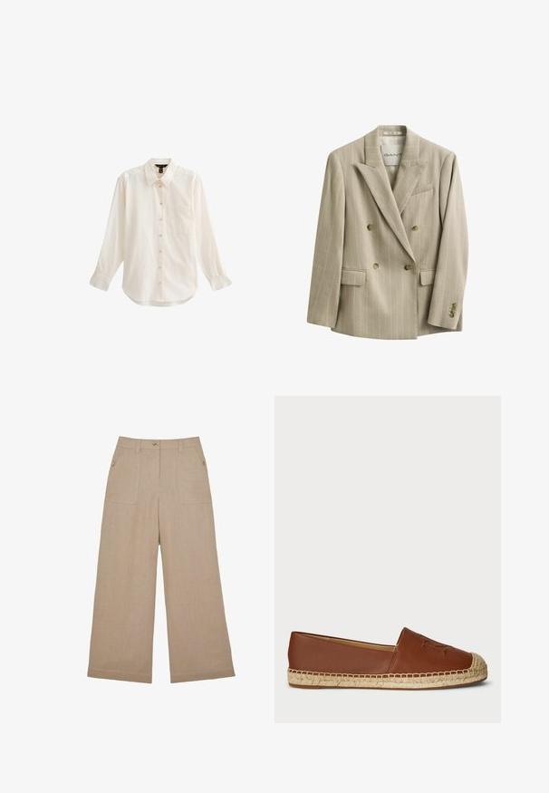 Beige dubbelgeknoopt pinstripe colbert met inkepingrevers, vier knopen aan de voorkant, klepzakken en een borstzak, met het label GANT.; Lichtgekleurde, langmouwige blouse met knopen, voorzien van een kraag, een enkele borstzak en een zachte textuur met een licht gebogen zoom.; Beige wijde broek met zakken aan de voorkant, riemlussen, een tailleband met knopen en knopen aan de zijkanten van de zakken.; Bruine leren espadrille flats met een geweven jutesole, ronde neus en een reliëfdetail op het bovenwerk. Glad textuur met een samenhangend ontwerp.