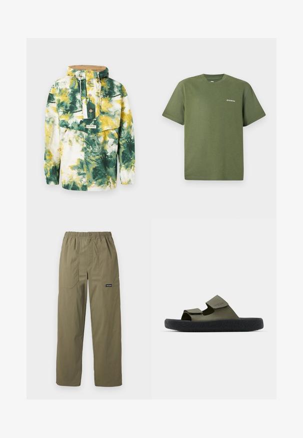 Lichtgewicht anorakjack met capuchon, groen, geel en wit abstract bloemenpatroon, houten knopen, voorzak en trekkoord in de capuchon.; Olijfgroene katoenen t-shirt met korte mouwen, ronde hals en een witte "Dickies"-logo op de borst. Soepele textuur en casual ontwerp.; Olijfgroene broek met rechte pijpen, elastische tailleband, voorzakken met opgestikte zakken, knoopsluiting en Columbia-logo op de rechterzak.; Groene rubberen sandalen met twee verstelbare banden en een gestructureerde zwarte zool met een profielpatroon. Merklogo zichtbaar op de band.