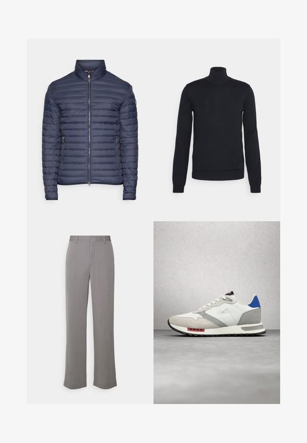 Colmar Originals MENS JACKET - Doudoune - navy blue/ice; HUGO SAN THOMAS - Pullover - navy; Tiger of Sweden TREY - Pantalon classique - grey shadow; Baskets blanches et grises avec une tige en daim et cuir, un accent bleu au talon, des accents rouges et une semelle noire texturée.