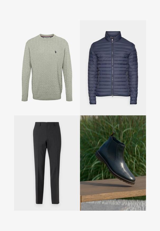 Colmar Originals MENS JACKET - Doudoune - navy blue/ice; Pull en maille gris clair avec un motif en relief, col rond et poignets côtelés. Logo brodé sur la poitrine gauche.; Pantalons tailleur gris foncé avec une texture lisse, coupe slim, devant plat et passants de ceinture, conçus pour une tenue formelle ou professionnelle.; Bottine noire en cuir avec une finition lisse, des panneaux latéraux élastiques et une languette jaune, dotée d'une semelle en caoutchouc texturée.