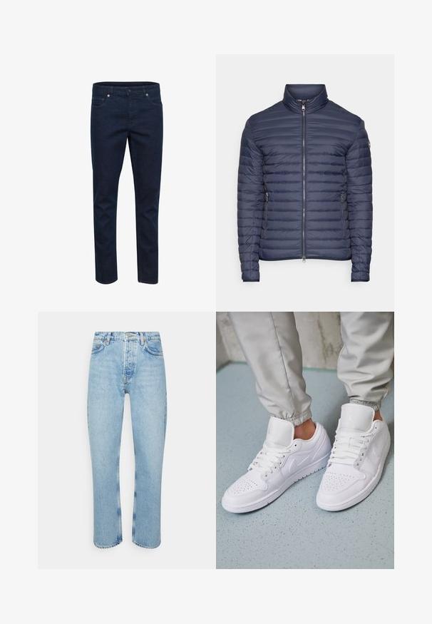 Colmar Originals MENS JACKET - Dunjakker - navy blue/ice; Mørkeblå denimjeans med slim fit, fem lommer og knaplukning, vist mod en hvid baggrund.; Lyseblå denimjeans med lige snit, høj talje, fem-lomme design og synlige strikdetaljer ved sømmene og sømmen.; Hvide lædersneakers har en perforeret tåboks, flade snørebånd, polstret krave og Jordan-logoet på tungen. Båret med grå joggers.