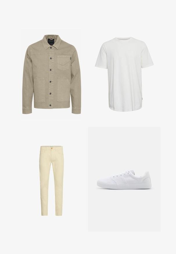 Veste en denim beige avec fermeture à boutons sur le devant, col pointu, deux poches avant et détails de couture subtils sur la poche de poitrine.; T-shirt blanc à manches courtes en coton. Présente un col rond, une coupe droite et un détail de couture latérale subtil.; Pantalon en coton beige avec une coupe slim, doté d'une taille standard, de deux poches avant et d'une poche arrière simple, terminé par un bouton de fermeture.; Baskets en toile blanches avec une semelle en caoutchouc, dotées de six œillets, d'un embout texturé et d'un design minimaliste.