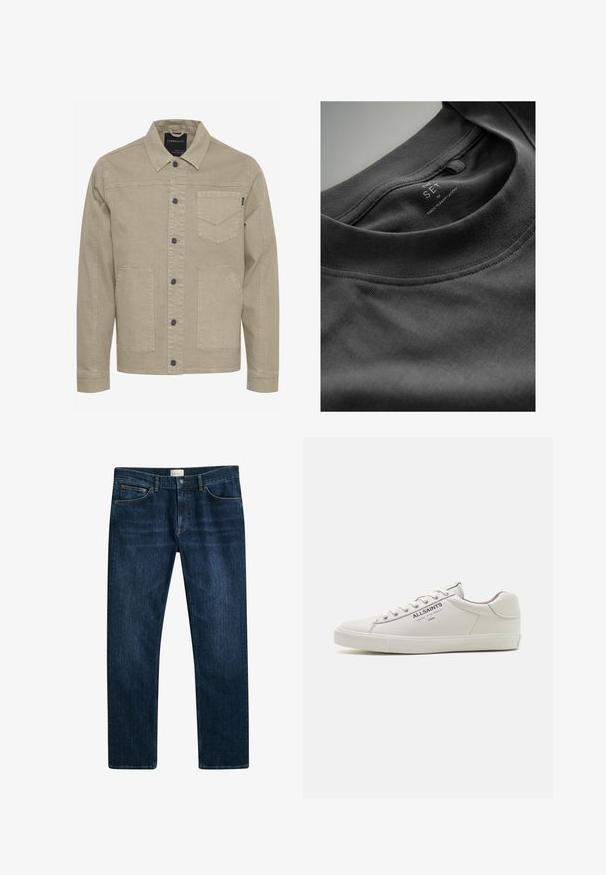 Beige denimjakke med knaplukning fortil, spids krave, to forreste lommer og diskret syninger på brystlommen.; Sort bomulds t-shirt med rund halsudskæring og synlige detaljer. Plejeetikette synlig indeni kraven, viser størrelse "M." Glat tekstur.; Mørkeblå denim jeans med lige ben, knap- og lynlåslukning samt forlommer. Glat tekstur og minimal falmning.; Hvide lædersneakers med et lavt design, tekstureret gummisål og "ALLSAINTS" logo på siden. Standard snørelukning.