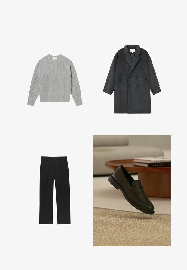 Manteau croisé en laine gris foncé avec revers en notches, deux poches à rabat latérales et poignets boutonnés, posé à plat sur un fond blanc.; Pull en tricot gris avec une texture côtelée, des manches raglan et un col rond. Présente des speckles subtils et une petite étiquette sur la manche.; Pantalons noirs au design droit, fabriqués à partir d'un tissu lisse. Dotés de plis sur le devant et d'une fermeture à un bouton à la taille.; Chaussure mocassin en cuir noir présentée en suspension au-dessus d'un tapis beige tissé, avec une table en bois et des livres empilés dans un salon doucement éclairé.
