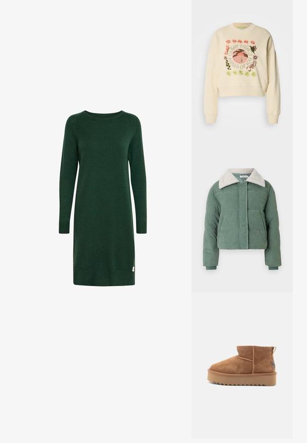 Doudoune en velours côtelé vert avec un col en peluche de couleur crème, une fermeture frontale et deux poches latérales. Texture côtelée sur l'ensemble.; Sweatshirt court couleur crème avec un graphisme rond représentant des plantes, un coucher de soleil, et le texte "DE GRANDES CHOSES VOUS ATTENDENT" en couleurs variées.; Robe tricotée verte à manches longues, col rond et poignets côtelés. Présente une petite étiquette de logo près de l'ourlet.; Bottine en suede marron avec un bout rond, dotée d'une semelle en caoutchouc zigzag et d'une languette en boucle à l'arrière pour un enfilage facile.