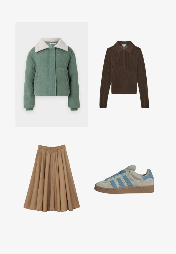 Groene corduroy pufferjas met een zachte, crèmekleurige kraag, sluiting aan de voorkant en twee steekzakken. Overal geribbelde textuur.; Bruine gebreide lange mouwen polo met een puntige kraag en vijf knopen op het voorplaatje.; Bruine midi-rok met elastische tailleband en rits aan de voorkant met aantrekkoord, uitlopende A-lijn silhouet.; Lichtgrijze suède sneakers met blauwe strepen, ronde neus, platte tan rubberen zool en geperforeerde details aan de zijkanten. "CAMPUS" tekst aan de zijkant.