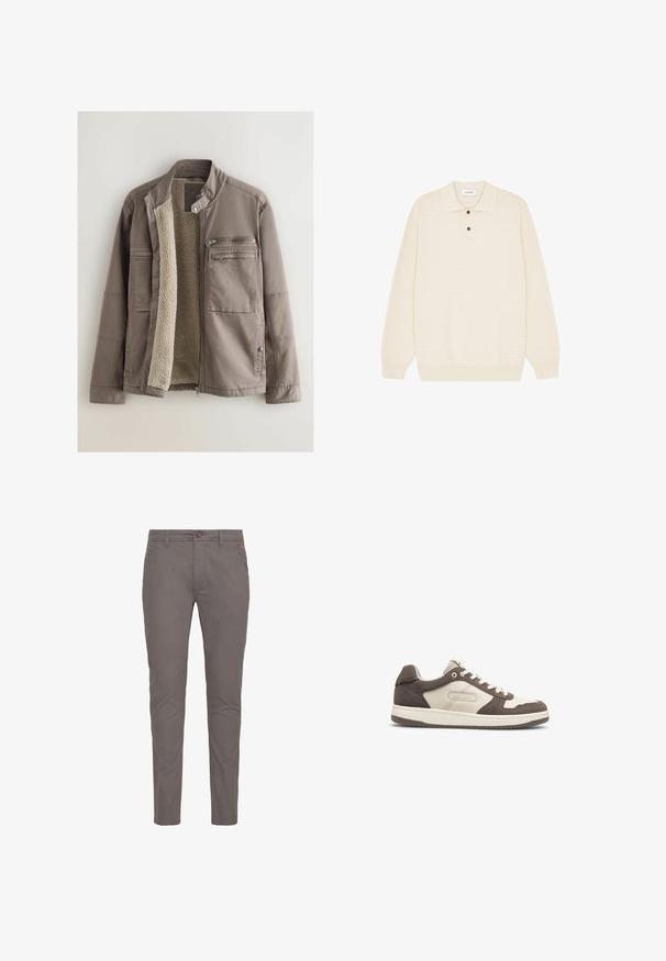 Brun yderjakke med for i faux fur. Har flere lommer: én med lynlås og to klaplommer. Trykknaplukning og ståkrave.; Kremfarvet strikket polo sweater med et struktureret mønster, lange ærmer og en tre-knaps lukning. Blødt stof med ribkant nederst.; Grå bomulds chinos med lige pasform, der har knaplukning, standardlommer og minimalistisk design. Glat tekstur og ingen mønstre.; Les Deux WRIGHT - Sneakers - white/walut