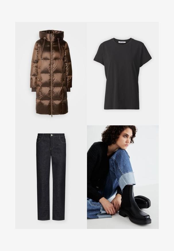 Mos Mosh JACKET - Daunenmantel - rain drum; Schwarzes Baumwoll-T-Shirt mit klassischem Rundhalsausschnitt, kurzen Ärmeln und lockerer Passform. Glatte Textur, keine sichtbaren Muster oder Akzente.; Schwarze Jeans mit geradem Bein, Vordertaschen, Gürtelschlaufen und Knopfverschluss auf einfarbigem Hintergrund.; Schwarze Knöchelstiefel mit elastischen seitlichen Einsätzen, dicker Sohle und quadratischer Zehenform. Getragen mit ausgebleichten blauen Jeans mit einem fransigen Saum.