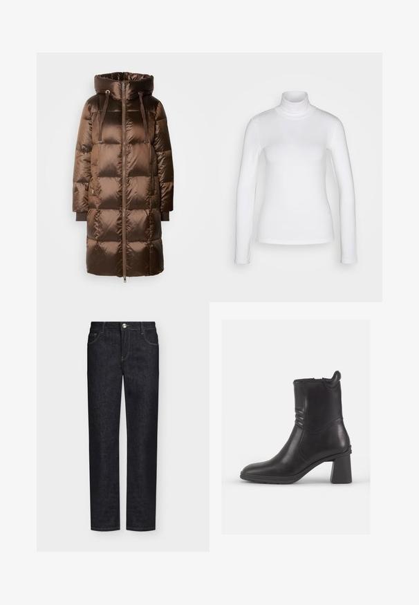 Mos Mosh JACKET - Páperový kabát - rain drum; Biela dlhá rukáv turtleneck košeľa vyrobená z hladkej, pružnej látky. Má priliehavý strih a vysoký golier. Bez viditeľných vzorov alebo akcentov.; Čierne džíny s rovnými nohavicami, prednými vreckami, pútkami na opasok a zapínaním na gombík na jednofarebnom pozadí.; Čierne kožené členkové topánky s okrúhlou špičkou, štruktúrovanými bočnými panelmi a robustným blokovým podpätkom. Hladký povrch a minimalistický dizajn.