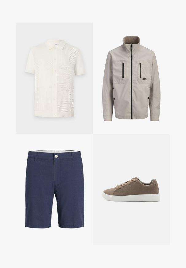 Lysebeige jakke med lynlås og høj krave, to lodrette brystlommer med lynlås og to nederste lommer med knapper.; Kortærmet, kremfarvet strikket polo shirt med et tekstureret, mønstrede design, knaplukning og en klassisk krave.; Marineblå knælange shorts med knaplukning, bæltestropper og forlommer, designet til afslappet brug.; Brune ruskinds sneakers med flade hvide gummisåler, snørelukning, rund tå og en glat overflade. Minimalistisk stil med diskrete syninger.