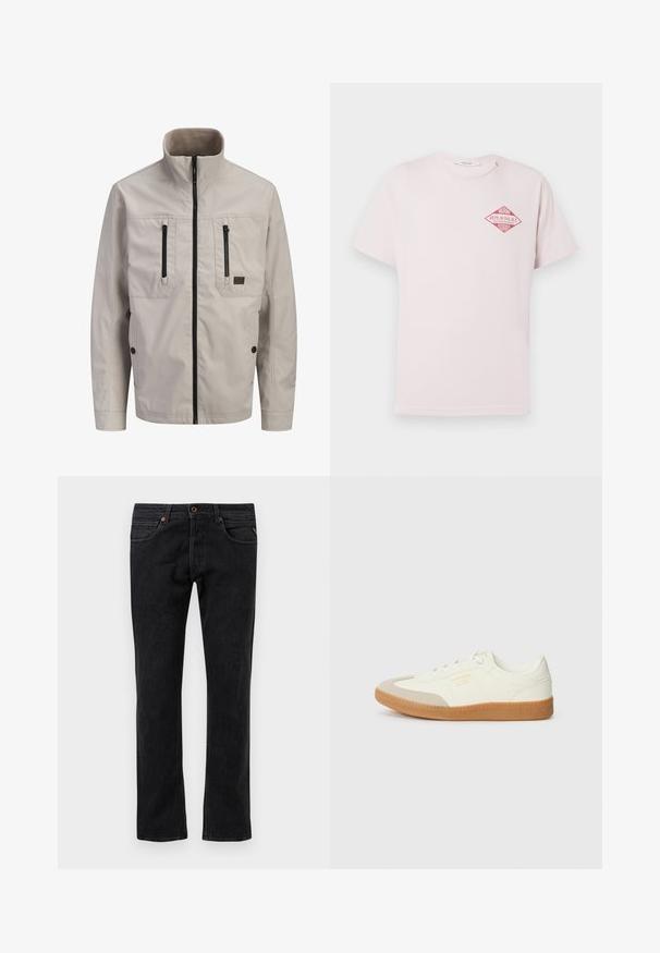 Lysebeige jakke med lynlås og høj krave, to lodrette brystlommer med lynlås og to nederste lommer med knapper.; Lyserød T-shirt med korte ærmer og en rød diamantformet grafik med teksten "Miami Replay Palace Florida" på den øverste venstre bryst.; Sorte denim jeans med et lige ben-design, der har fem lommer, diskret slidmærker og orange syninger som detaljer.; Sneaker lavet af hvid læder med en beige tåhætte og let brunt gummisål. Har flade hvide snørebånd og prægede branding på siden.