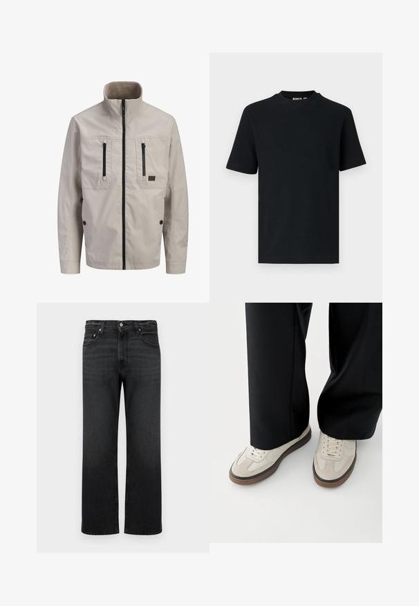 Lysebeige jakke med lynlås og høj krave, to lodrette brystlommer med lynlås og to nederste lommer med knapper.; Sort kortærmet ribstrikket T-shirt med rund hals og et lille synligt mærke indeni kraven.; Sorte straight-leg jeans med knap- og lynlås lukning foran, fem lommer og diskret falmede detaljer på lår og knæ.; Fødder iført beige sneakers med brune såler og sorte bukser med vide ben på hvid baggrund.
