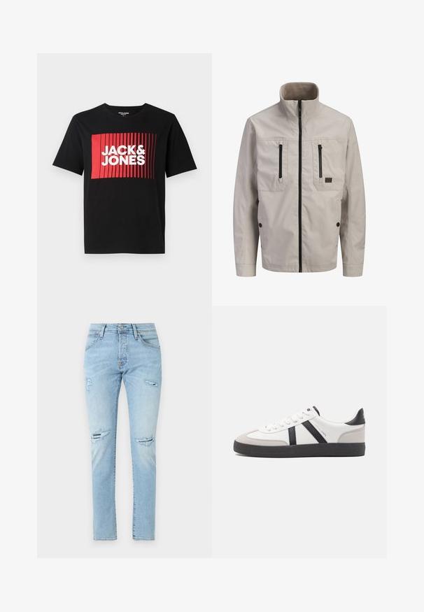 Lysebeige jakke med lynlås og høj krave, to lodrette brystlommer med lynlås og to nederste lommer med knapper.; Sort t-shirt med korte ærmer, der har et rødt rektangulært grafisk design med lodrette linjer og teksten "JACK & JONES" i hvid.; Lyseblå denimjeans med en slank pasform, der har slidte detaljer ved knæene og et klassisk design med fem lommer.; Hvide sneakers med sorte og grå detaljer, med en tekstureret grå tåhætte, sort gummisål og flade hvide snørebånd. Rent design, minimalistisk stil.