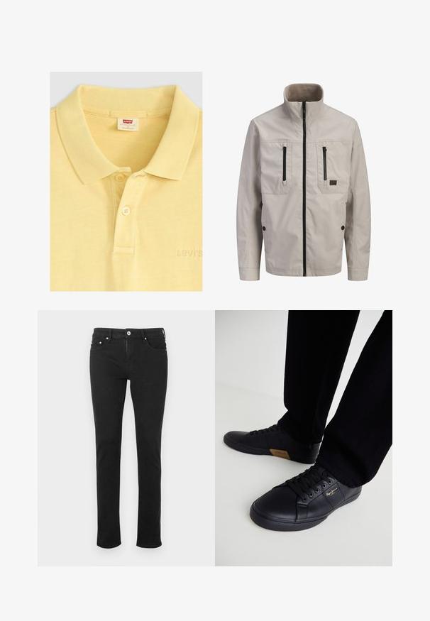 Lichtbeige jas met ritssluiting, hoge kraag, twee verticale borstzakken met ritsen en twee onderste zakken met knopen.; Levi's® Poloshirt - acacius stripe egret; Zwarte denim jeans met een rechte pijp, vijfzakkenontwerp, metalen knoop en nagels, en een gladde textuur.; Zwarte lederen sneakers met een strak ontwerp, voorzien van een gestructureerd oppervlak, ronde neus en zwarte veters. Gouden logo-detail aan de zijkant.
