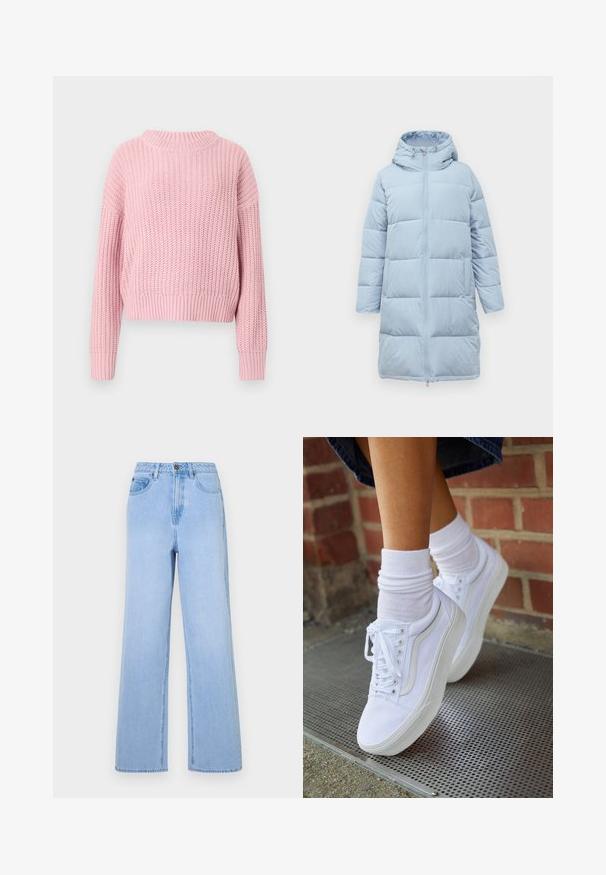 Lichtblauwe pufferjas tot de knie met capuchon, lange mouwen en een rits aan de voorkant.; Roze gebreide trui met een geribbelde textuur, ontspannen pasvorm, brede ronde halslijn en lange mouwen, met een cropped stijl en effen kleur.; Lichtblauwe high-waisted jeans met een wijd uitlopende pasvorm, gemaakt van denim. Kenmerkt zich door opvallende stiksels en een vijf-pocket styling.; Witte canvas sneakers met rubberen zolen, voorzien van zes vetertjes, een ronde neus en lichte stikdetails, gecombineerd met witte enkelsokken.