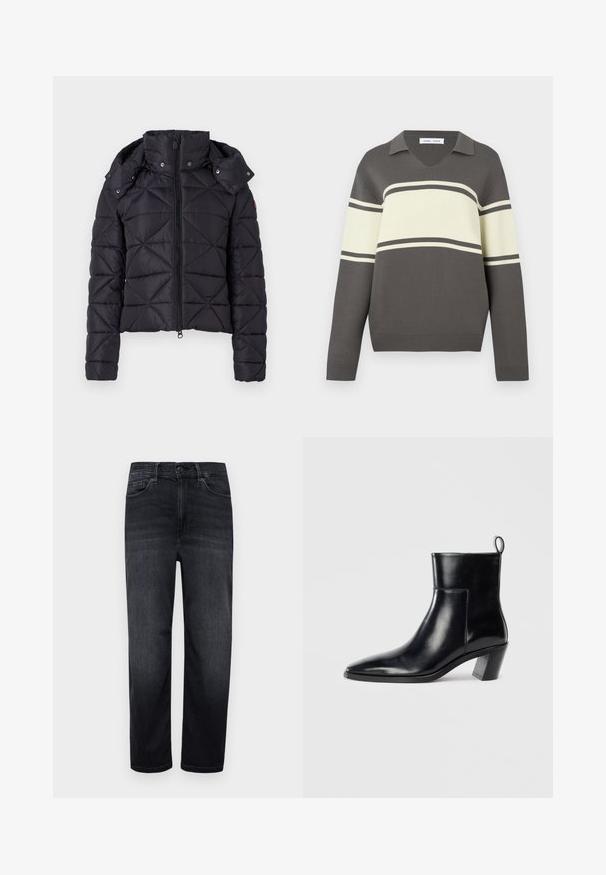 Veste noire rembourrée avec un design matelassé, fermeture éclair et capuche détachable. Dispose de poignets élastiques et d'une coupe légèrement cintrée.; Pull-over gris à manches longues avec de larges rayures horizontales crème et de fines rayures gris foncé, col en V.; Jean en denim foncé avec une coupe régulière, jambes droites, poches avant, une petite poche à monnaie et une fermeture à bouton. Texture lisse et peu de décoloration.; Bottine en cuir noir avec un bout pointu, un talon empilé géométrique et une languette à l'arrière. Texture lisse et design épuré.
