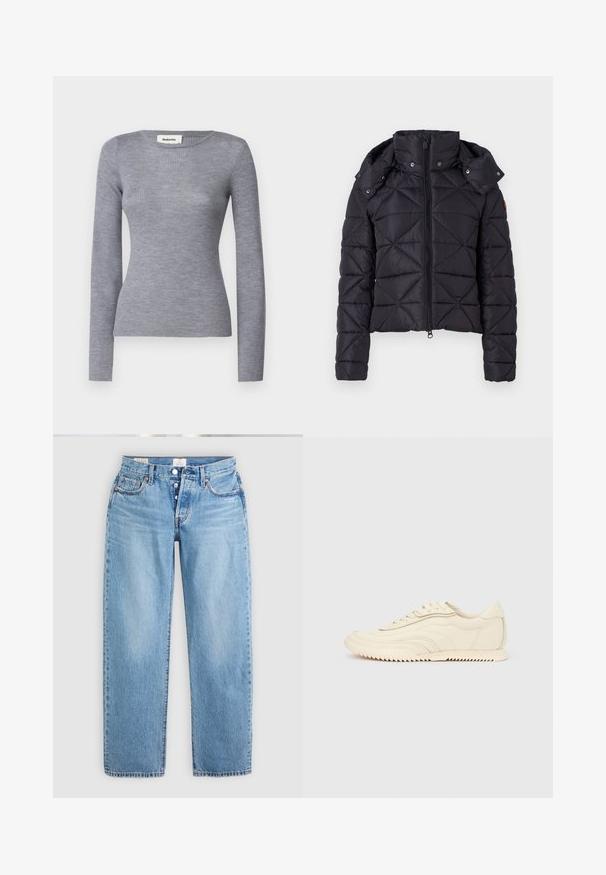 Veste noire rembourrée avec un design matelassé, fermeture éclair et capuche détachable. Dispose de poignets élastiques et d'une coupe légèrement cintrée.; Tops à manches longues gris côtelé avec un col rond et une silhouette ajustée. Le tissu a une texture lisse et un léger éclat.; Jean en denim bleu clair avec une coupe droite, cinq poches et une fermeture à boutons. Présente des coutures décoratives et un ourlet propre.; Baskets basses de couleur crème avec des coutures ondulées, une fermeture à lacets et une semelle crantée, vues de côté sur un fond uni.