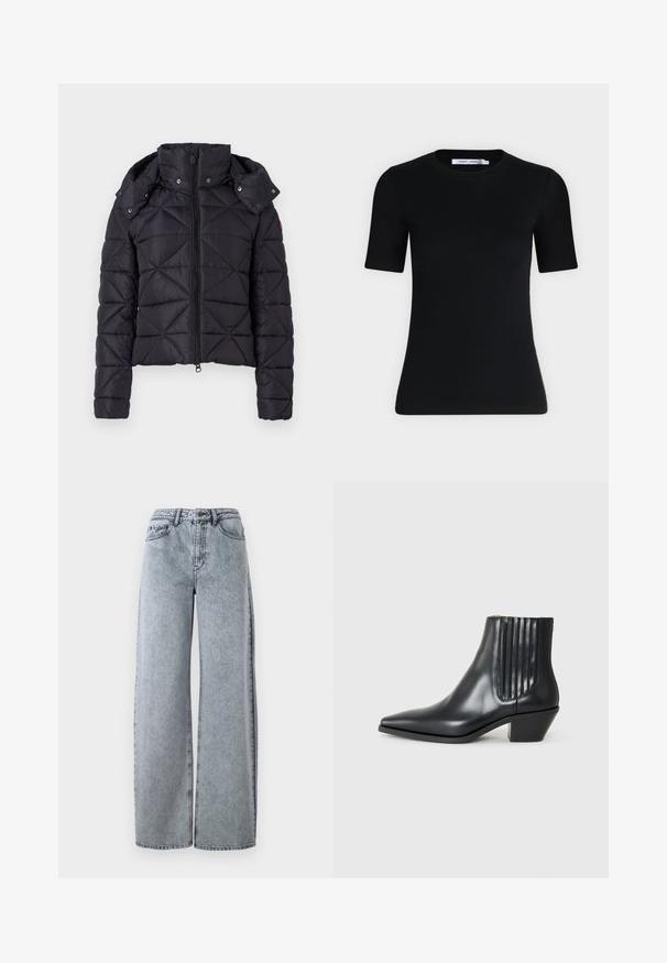Sort puffet jakke med quiltet design, lynlås lukning og aftagelig hætte. Har elastiske manchetter og en let cropped pasform.; Sort tætsiddende T-shirt med korte ærmer og rund halsudskæring, med et mærke indvendigt i kraven mod en ensartet lys baggrund.; Lysvasket denim brede bukser med høj talje, der har forlommer, bæltestropper og kontrastsyninger.; Sorte læder ankelstøvle med spids tå, elastiske sidepaneler med lodrette riller og en lav blokhæl. Glat tekstur og slankt design.