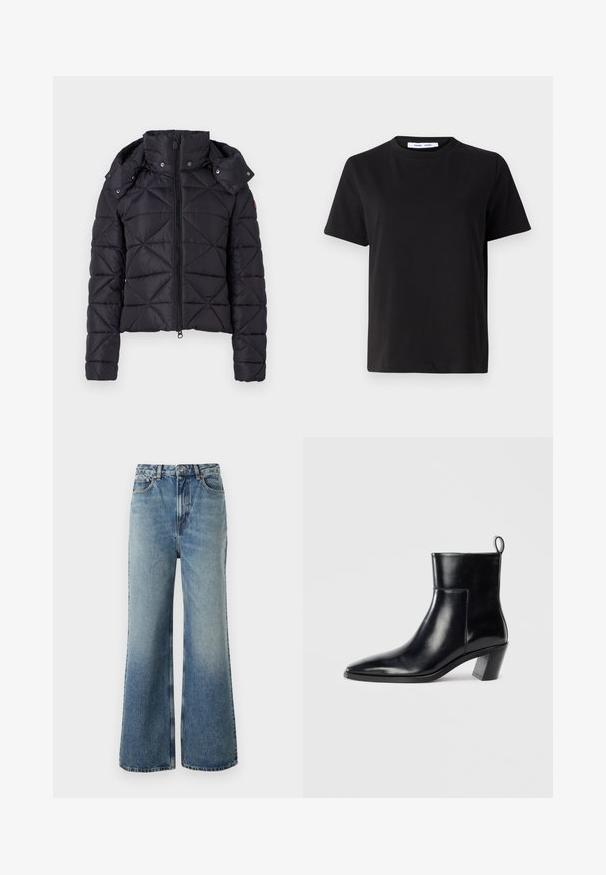 Schwarze, gepolsterte Jacke mit Steppdesign, Reißverschluss und abnehmbarer Kapuze. Verfügt über elastische Bündchen und einen leicht verkürzten Schnitt.; Schwarzes T-Shirt mit kurzen Ärmeln aus weicher Baumwolle, mit rundem Ausschnitt, lockerer Passform und glatter Textur. Keine sichtbaren Muster oder Grafiken.; Helle Jeans aus Denim mit hoher Taille, weitem Bein, leichter Ausbleichung und Kontrastnähten; verfügt über Fronttaschen und einen Knopfverschluss.; Schwarze Leder-Ankleboots mit spitzem Zeh, geometrischem Blockabsatz und einem Zugband hinten. Glatte Textur und elegantes Design.