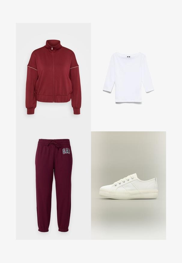 Veste zippée bourgogne avec un col haut, des poignets élastiques et une taille élastique. Présente une fine bande blanche sur les épaules. Texture de tissu douce.; Chemise blanche à manches trois-quarts en tissu mélangé coton ; présente un large col bateau et une texture lisse et légère.; GAP Petite HERITAGE - Pantalon de survêtement - ruby wine; Baskets basses blanches avec semelle épaisse côtelée, lacets à l'avant et languette à l'arrière sur fond neutre.