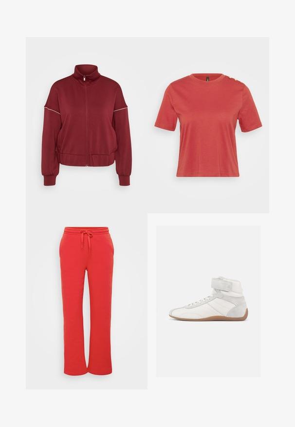Bordeaux lynlåsjacket med høj krave, elastiske manchetter og talje. Har en smal hvid stribe hen over skuldrene. Blødt stoftekstur.; Koral kortærmet t-shirt lavet af bomuld, med rund hals og tre guldknapper på venstre skulder. Glat tekstur.; Røde joggebukser lavet af blød bomuld, med en elastisk talje med snøre og et lige ben-design. Glat tekstur.; Høje sneakers i hvidt læder og ruskind med en beige gummisål. Har snørebånd foran og en velcrolukning for en sikker pasform.