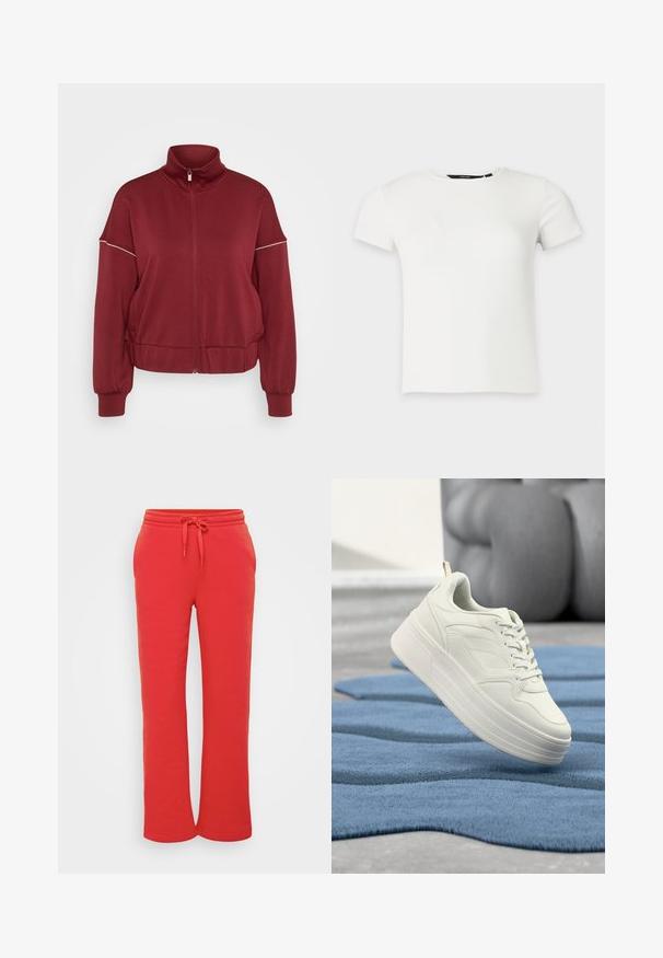 Burgunderfarbene Zip-Jacke mit hohem Kragen, elastischen Bündchen und Bund. Verfügt über einen schmalen weißen Streifen über die Schultern. Weicher Stoff.; Weißes kurzärmeliges, geripptes Strick-T-Shirt mit Rundhalsausschnitt, dargestellt vor einem schlichten hellgrauen Hintergrund.; Rote Sweatpants aus weichem Baumwollmaterial, mit einem elastischen Bund und Kordelzug sowie einem geraden Bein Schnitt. Geschmeidige Textur.; Weißer Ledersneaker mit dicker Plateau-Sohle, strukturierten Details und traditioneller Schnürung, auf einem blauen, strukturierten Teppich platziert.