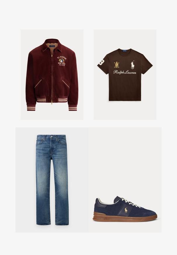Chaqueta de pana burdeos con puños y dobladillo acanalados, con cremallera dorada, logo bordado "RL Hudson New York" y forro de color beige claro.; Camiseta marrón Ralph Lauren con logo blanco de jugador de polo, texto "Ralph Lauren", un emblema con escudo en el pecho izquierdo y el número 3 en la manga derecha.; Vaqueros azul desgastado de pierna recta con cierre frontal de botón y cremallera, trabillas para cinturón y bolsillos delanteros sobre fondo liso.; Zapatilla deportiva baja azul marino con cordones blancos, suela marrón y logo de jugador de polo en el lateral, vista desde la izquierda.