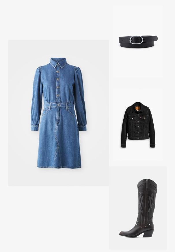 Sort denimjakke med to brystlommer, sølvknap-lukninger og klassisk krave. Glat tekstur med kontrasterende syningsdetaljer.; Denim kjole med knaplukning foran, krave og lange puffærmer. Har en tætsiddende talje, to sidelommer og en klokkeformet nederdel.; Brune læder cowboystøvler med flammebroderi, sidelukning med lynlås, sølvnitter, spids snude og lagdelt hæl.; Sort læderbælte med en glat overflade, oval sølvmetalspænde og flere justeringshuller langs stroppen. Flad, minimalistisk design.