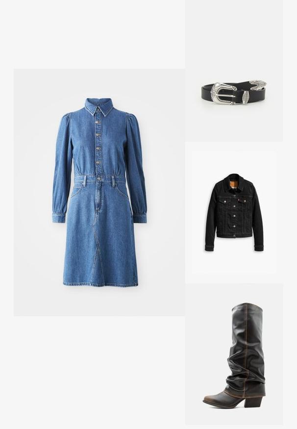 Sort denimjakke med to brystlommer, sølvknap-lukninger og klassisk krave. Glat tekstur med kontrasterende syningsdetaljer.; Denim kjole med knaplukning foran, krave og lange puffærmer. Har en tætsiddende talje, to sidelommer og en klokkeformet nederdel.; Høj sort læder slouchy støvle med brune accenter, spids tå og stabelhæle mod en ensfarvet hvid baggrund.; Sort læderbælte med en stor sølvmetalspænde, der har indviklede detaljer og dekorative accenter i begge ender.