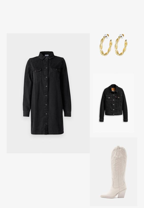 Sort denimjakke med to brystlommer, sølvknap-lukninger og klassisk krave. Glat tekstur med kontrasterende syningsdetaljer.; Sort denim skjortekjole med knaplukning foran, krave, lange ærmer og to brystlommer. Har et simpelt design og et robust materiale.; Hvide læder cowboystøvler med spidse tæer og blokhæle. Har intrikate syninger på skaftet og en glat tekstur.; Guld snoede hoops øreringe med en glat overflade, der har en transparent baggrund og hardware i guldtoner.