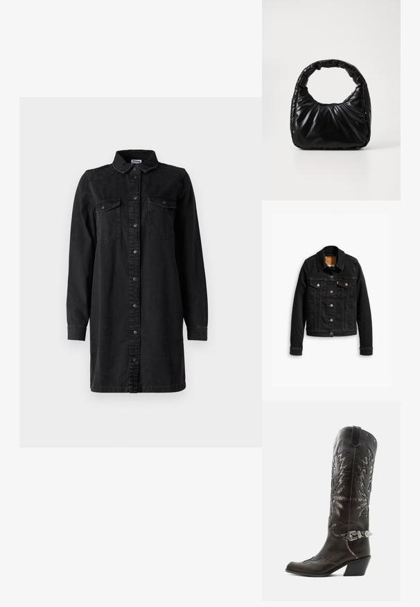 Schwarze Jeansjacke mit zwei Brusttaschen, silbernen Knopfverschlüssen und einem klassischen Kragen. Glatte Textur mit kontrastierenden Nähten.; Schwarzes Denim-Hemdkleid mit Knopfverschluss, Kragen, langen Ärmeln und zwei Brusttaschen. Verfügt über ein schlichtes Design und strapazierfähiges Material.; Schwarzer Leder-Cowboystiefel mit dekorativen Ausschnitten, silberner Schnalle und schräger Ferse, auf weißem Hintergrund dargestellt.; Schwarze gepolsterte Handtasche mit einem runden Griff, die eine glatte, glänzende Oberfläche und eine weiche, gestepfte Textur aufweist. Keine sichtbare Hardware oder Akzente.