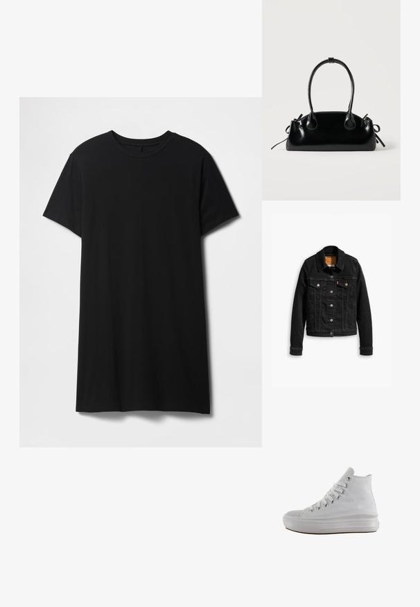 Sort denimjakke med to brystlommer, sølvknap-lukninger og klassisk krave. Glat tekstur med kontrasterende syningsdetaljer.; Sort kortærmet t-shirt lavet af bomuld, med klassisk rund halsudskæring og en lige kant, med en glat, mat tekstur.; Hvid højt canvas sneaksko med hvide snørebånd, metaløjer, tyk gummisål og tekstureret tåhætte, vendt mod venstre på en hvid baggrund.; Lille sort blank håndtaske med to lange håndtag og snøre-detaljer i siden på en ensfarvet lys baggrund.